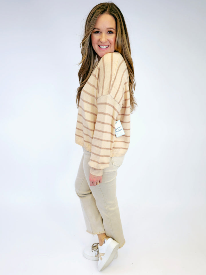 STRIPED LONG SLEEVE PULLOVER - MOCHA