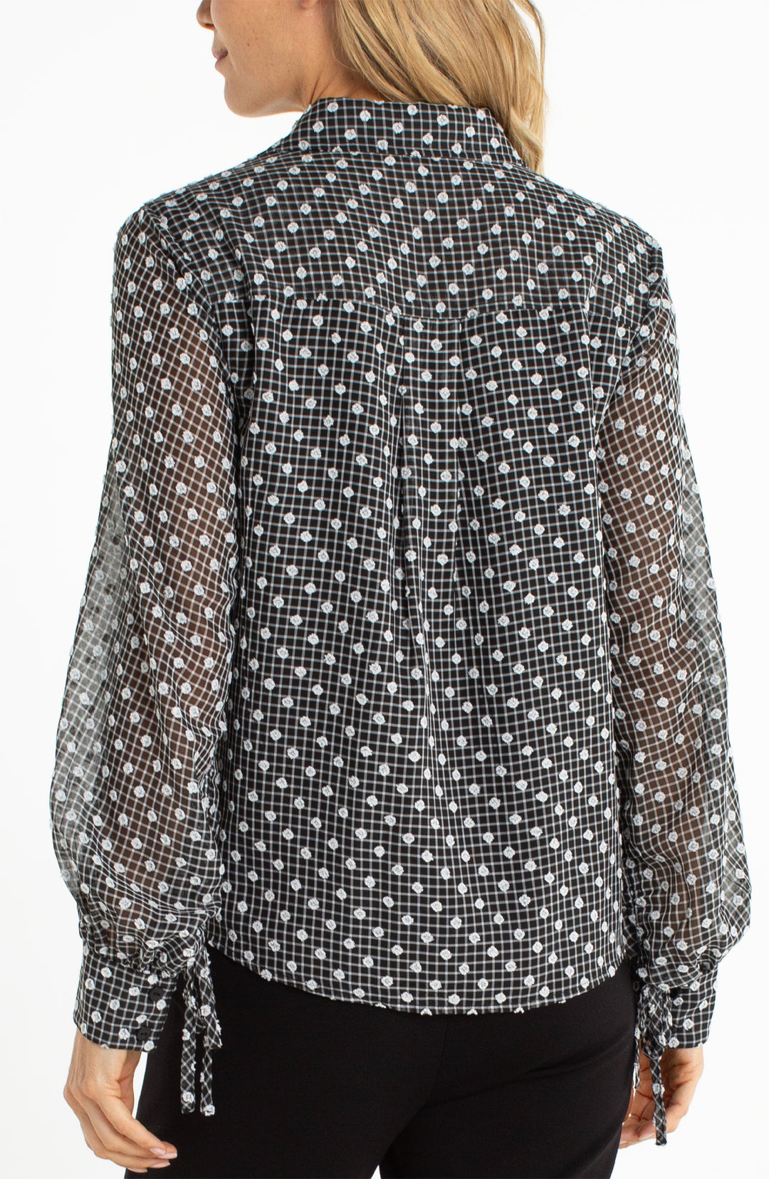 LONG SLEEVE COLLARED WOVEN BLOUSE W/SLEEVE TIE - BLACK/WHITE PLAID