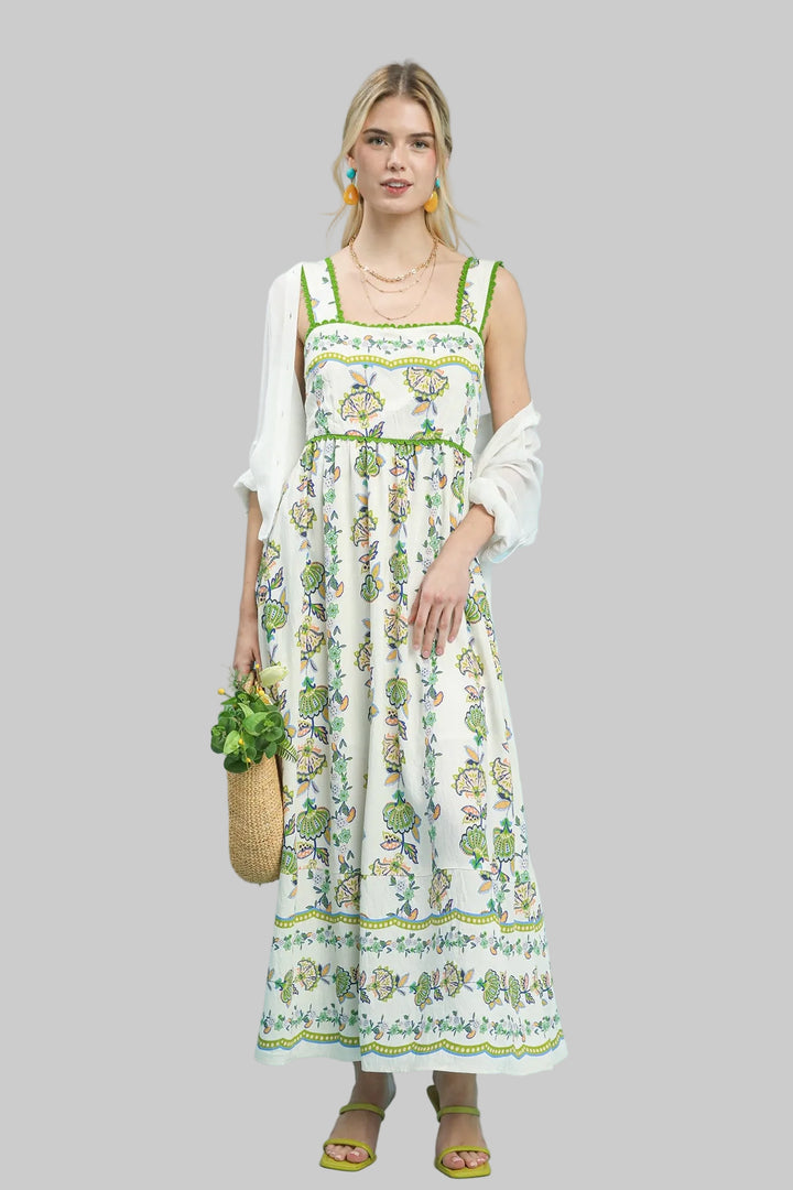 WIDE STRAP FLORAL PRINT TIERED MIDI DRESS - GREEN