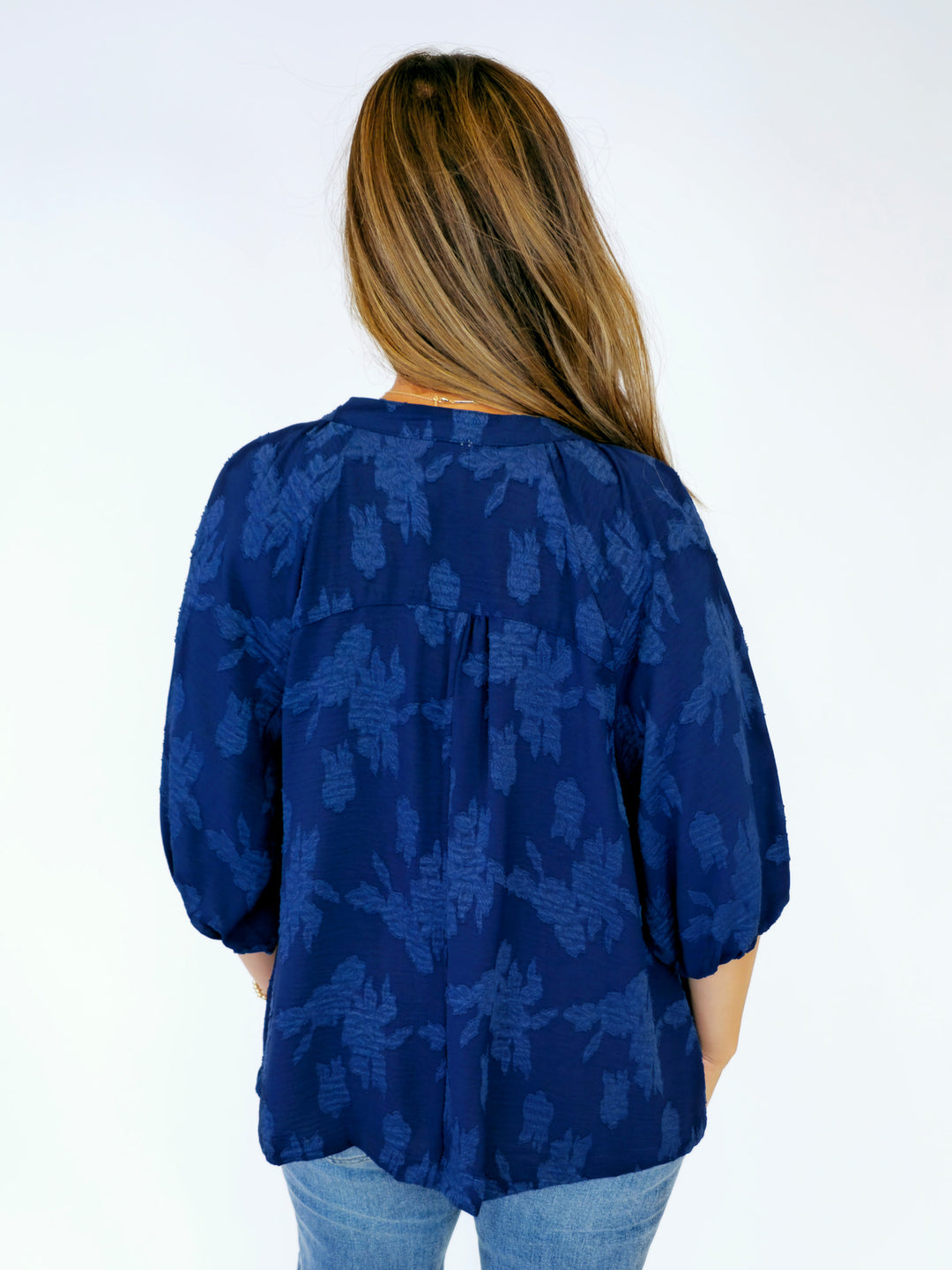 FLORAL BUBBLE SLEEVE SPLIT NECK TOP - NAVY