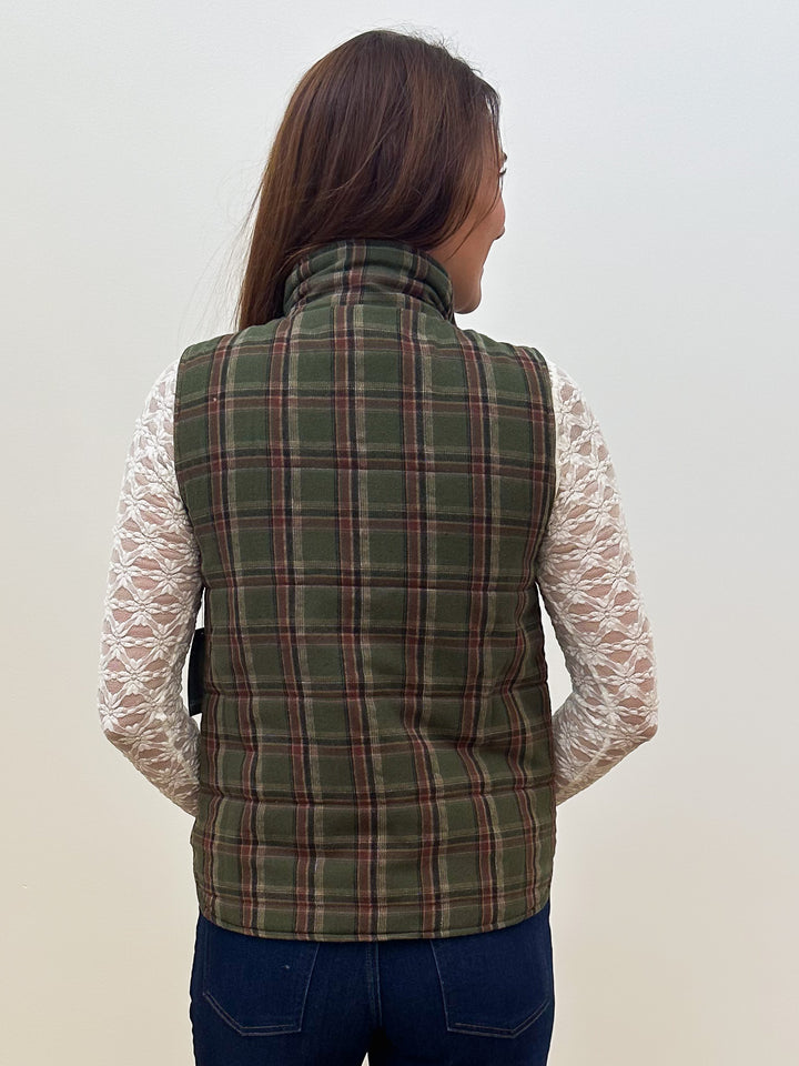 POLAR COLLAR ZIP UP PLAID PUFFER VEST - OLIVE