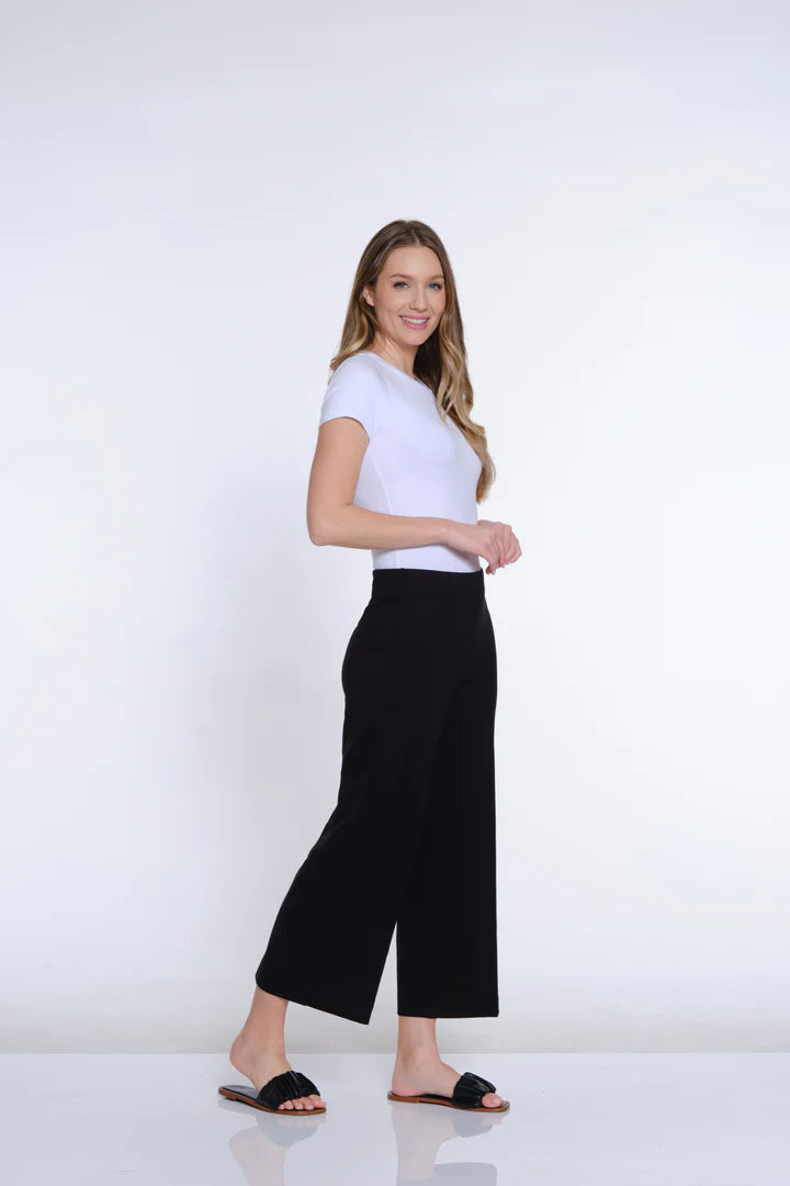 ELASTIC NO WAIST WIDE LEG CROP PANT - BLACK