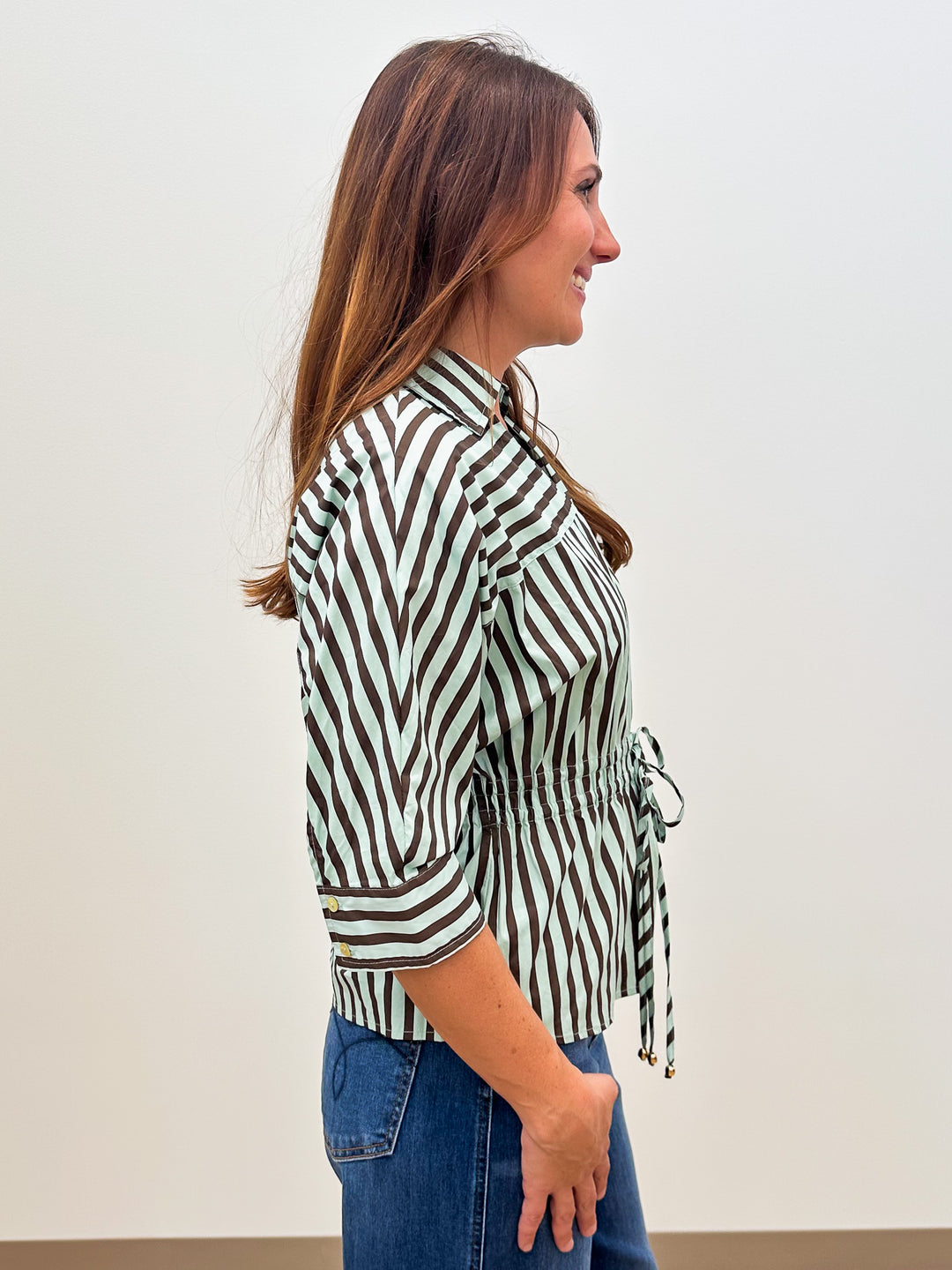 3/4 SLEEVE STRIPED BUTTON UP TOP - MINT BROWN