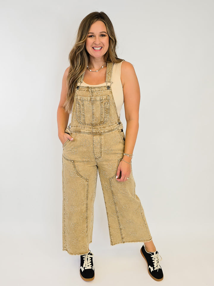 FLOWER PATTERN WASHED TWILL OVERALLS - WALNUT