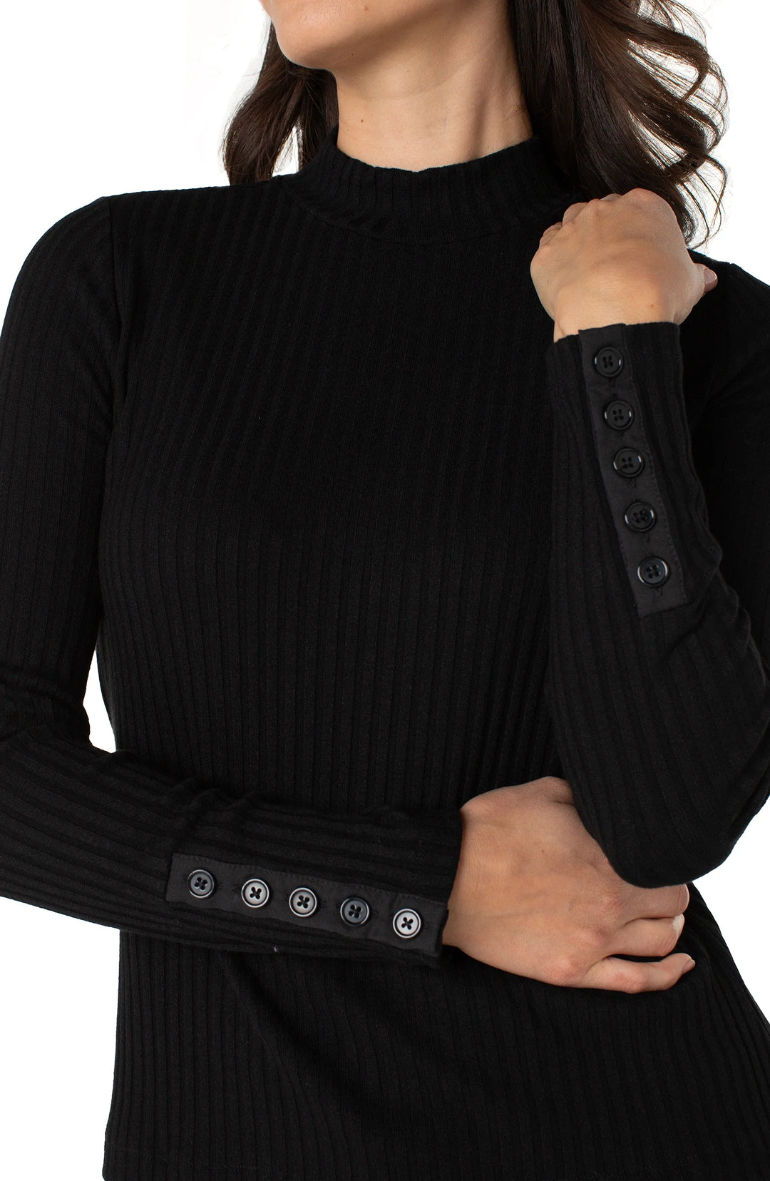 LONG SLEEVE MOCK NECK KNIT TOP W/BUTTON DETAIL - BLACK