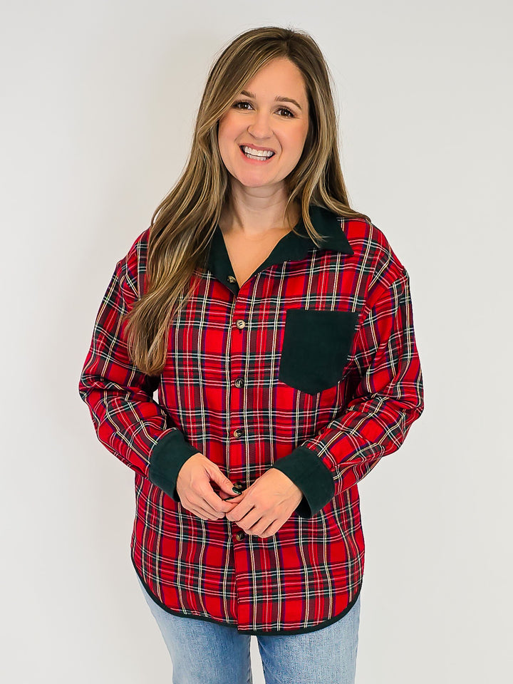 REVERSIBLE CORDUROY AND PLAID SHACKET - DARK GREEN/RED