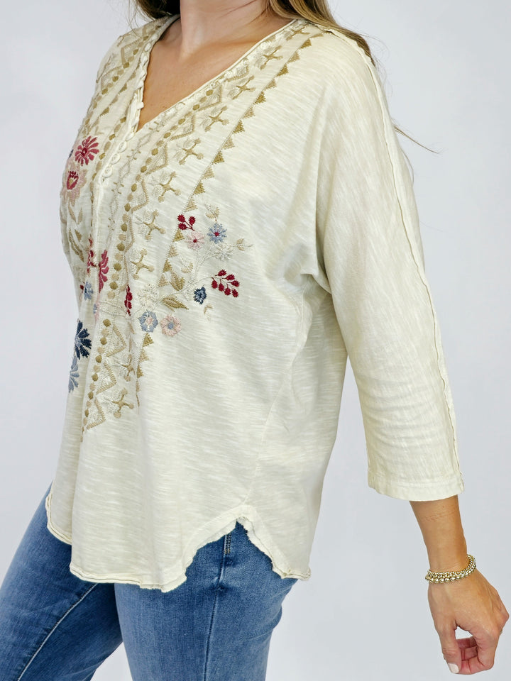 FLORAL EMBROIDERY DOLMAN SLUB TOP - BIRCH