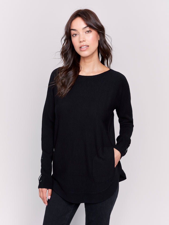 LACE-UP DETAIL SWEATER W/POCKETS - BLACK