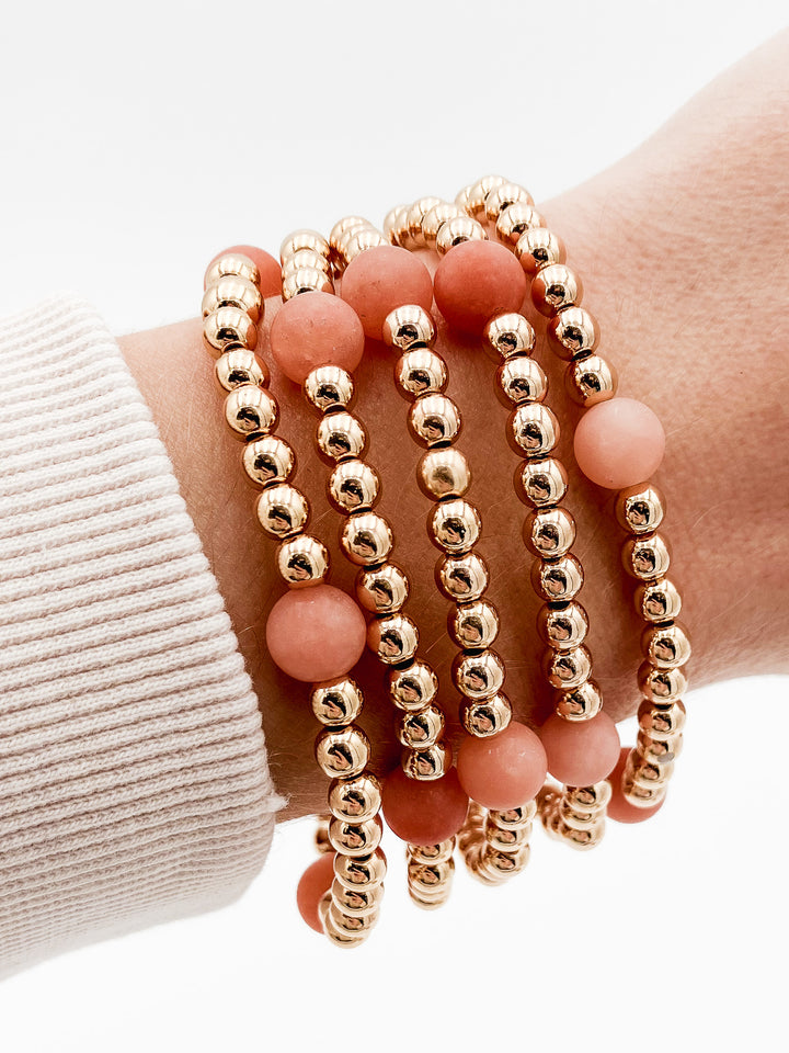S/5 ROUND STONE STRETCH BRACELETS - GOLD/PINK