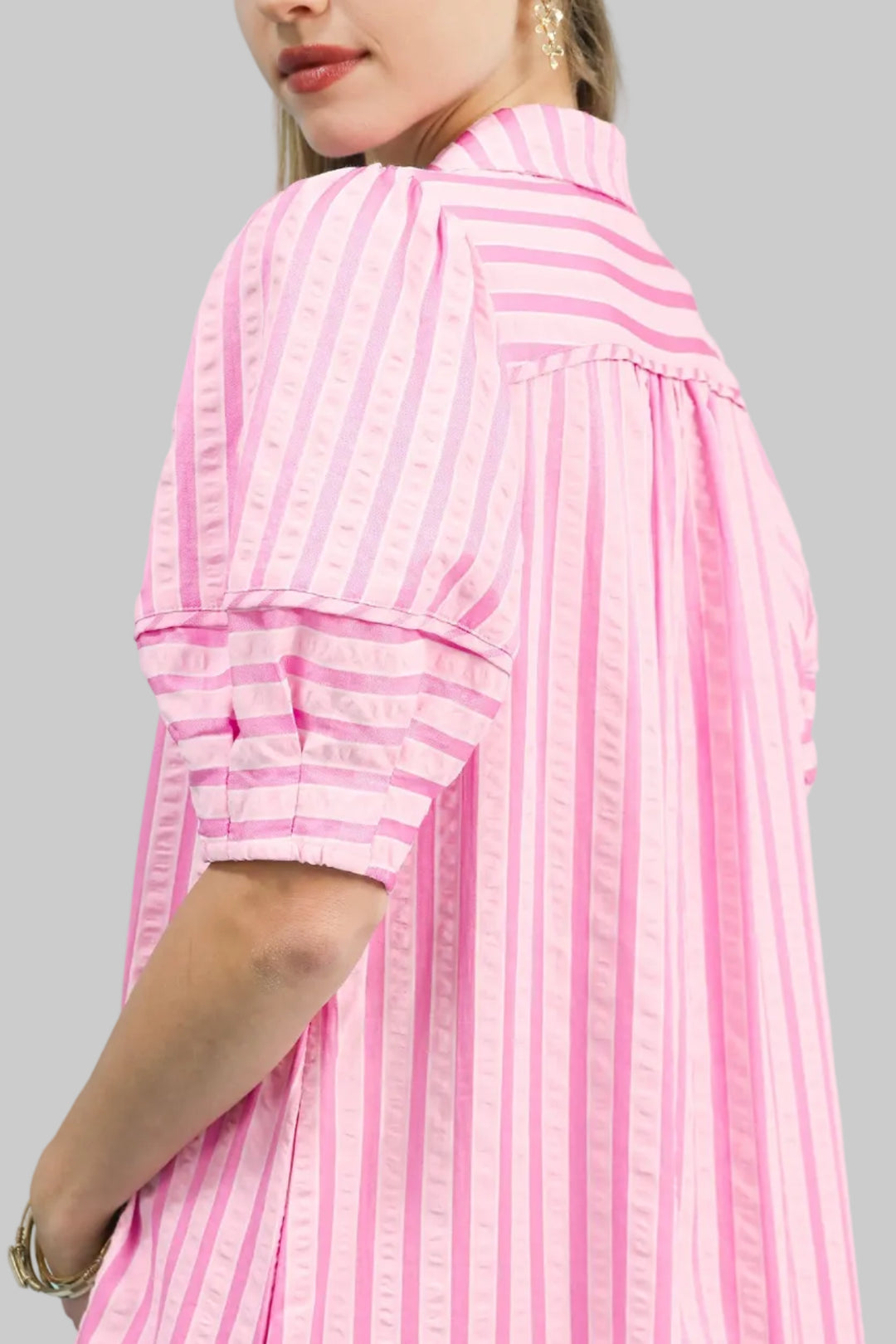 PUFF SLEEVE STRIPED MIDI DRESS - PEONY
