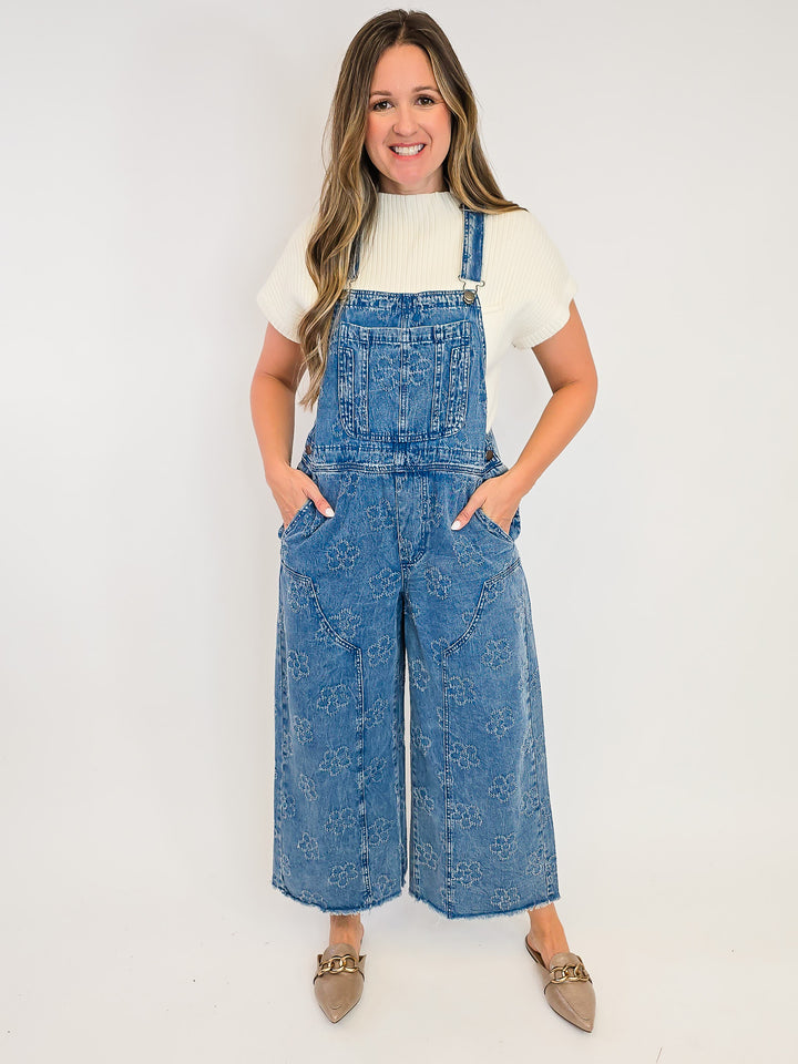 FLOWER PATTERN WASHED TWILL OVERALLS - WASHED DENIM