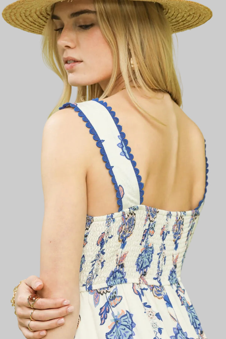 WIDE STRAP FLORAL PRINT TIERED MIDI DRESS - PERI BLUE