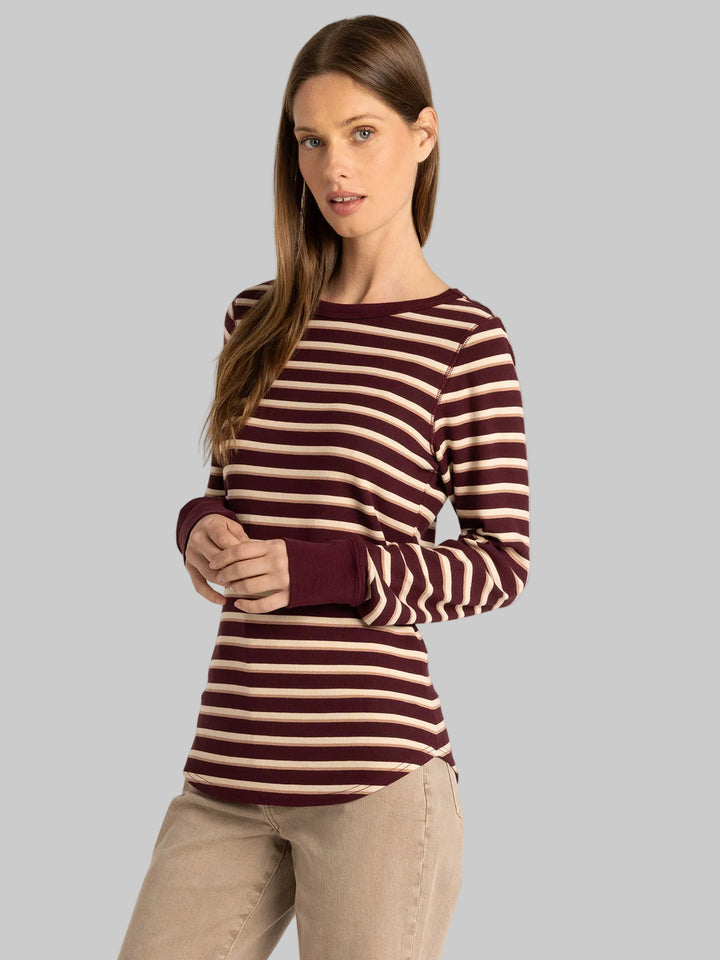 LONG SLEEVE STRIPED STACY TOP - MAROON MULTI