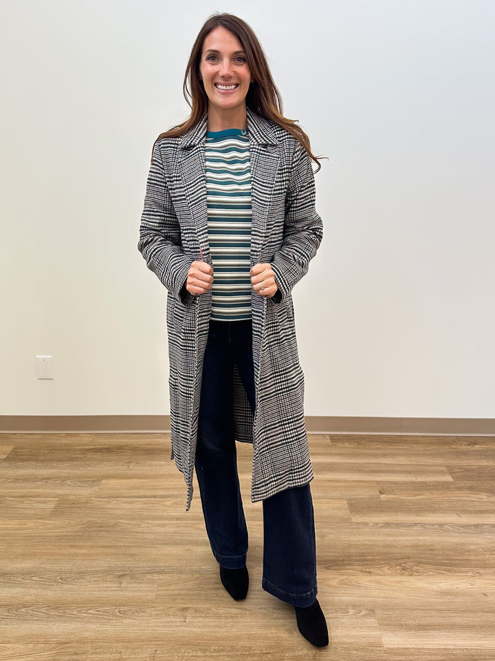 HOUNDSTOOTH PLAID LONG COAT - CHARCOAL GREEN