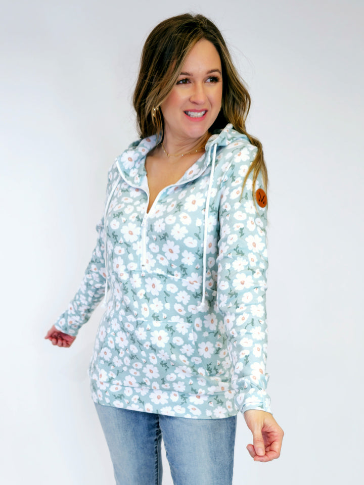 HALF ZIP FLORAL HOODIE - GREEN