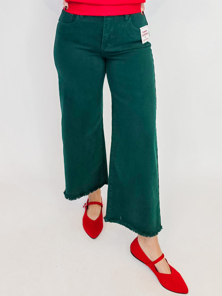 RISEN TUMMY CONTROL HR CROP WIDE LEG PANTS - HUNTER GREEN - 27" INSEAM