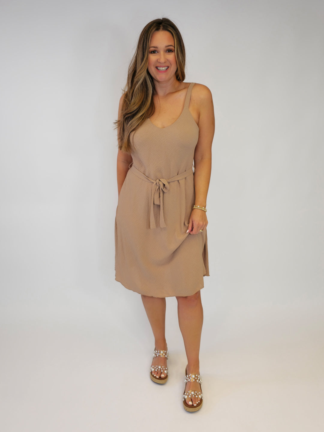 SOLID TANK SHORT DRESS W/TIE - BEIGE