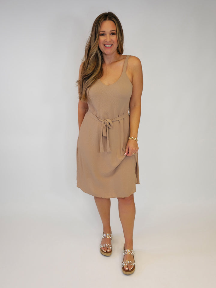 SOLID TANK SHORT DRESS W/TIE - BEIGE
