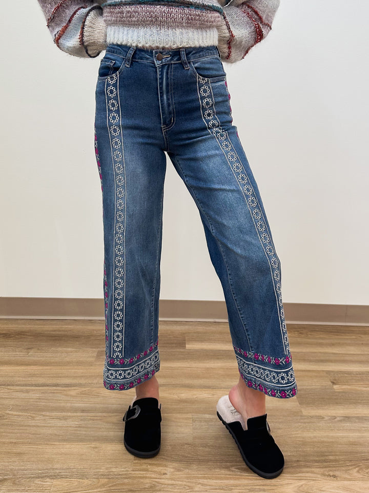 EMBROIDERY ENZYME STRETCH DENIM PANTS - DARK