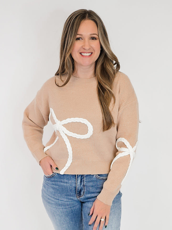 LONG SLEEVE BRAIDED BOW SWEATER - TAUPE