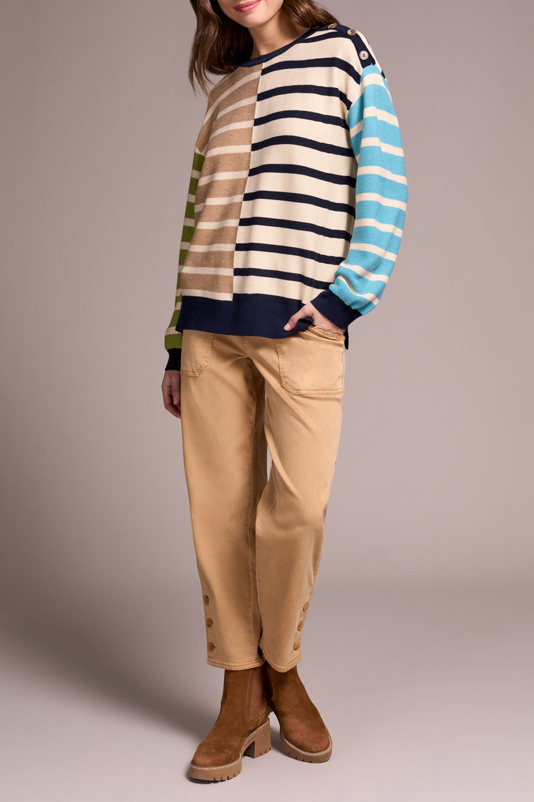 LONG SLEEVE CREW NECK SWEATER W/BUTTON DETAIL - ICE LATTE