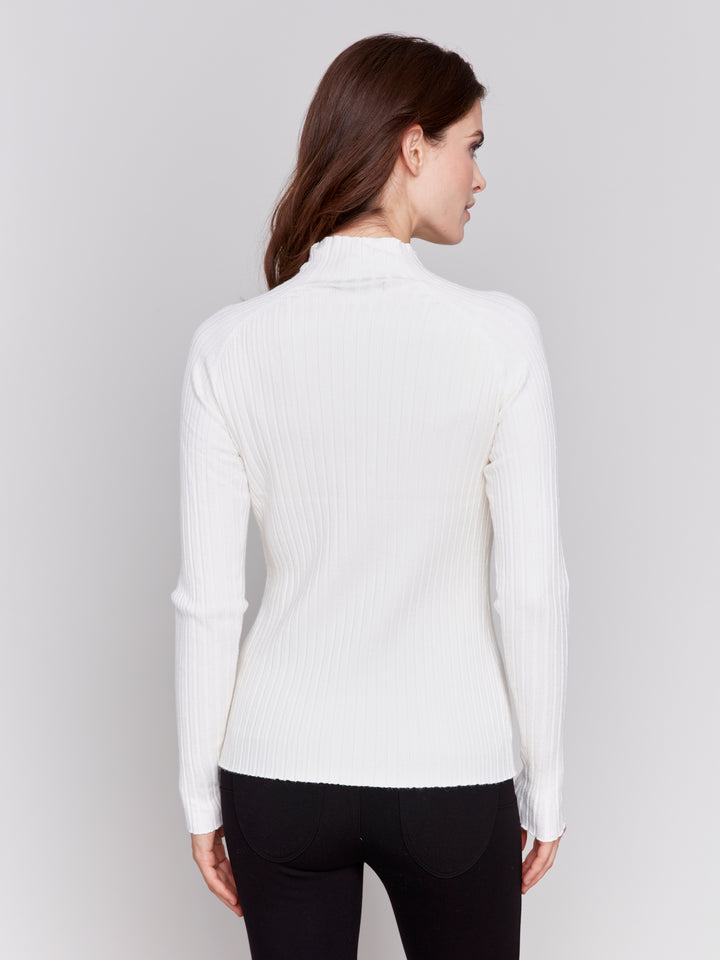 RIBBED KNIT MOCK NECK SWEATER - ECRU