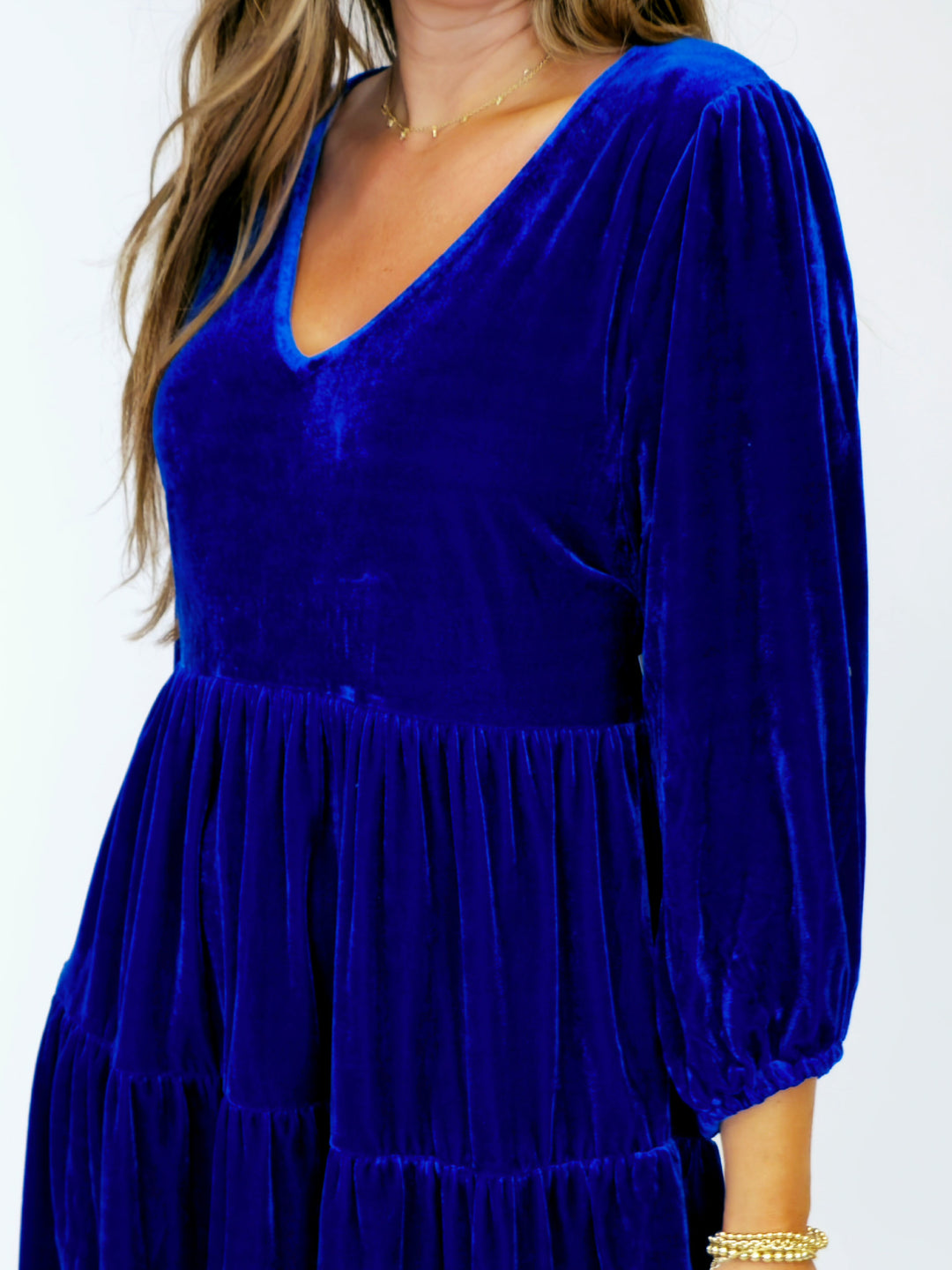 VELVET 3/4 SLEEVE SHORT DRESS - COBALT BLUE