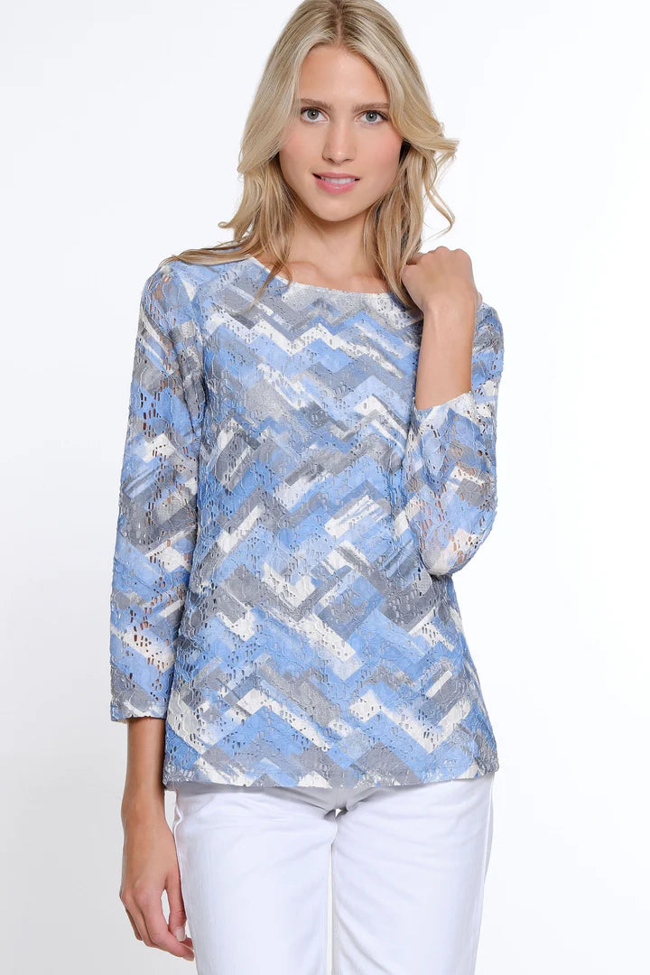 3/4 SLEEVE SCOOP NECK LINED TOP - BLUE/GREY LACE FLORAL