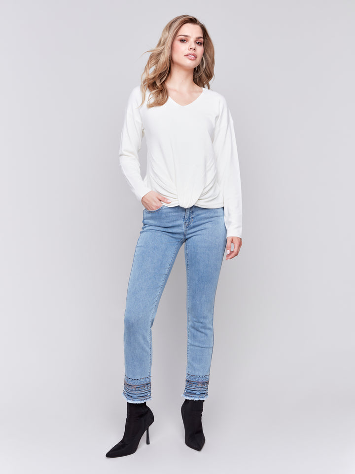 LONG SLEEVE V-NECK TOP WITH FRONT KNOT - ECRU