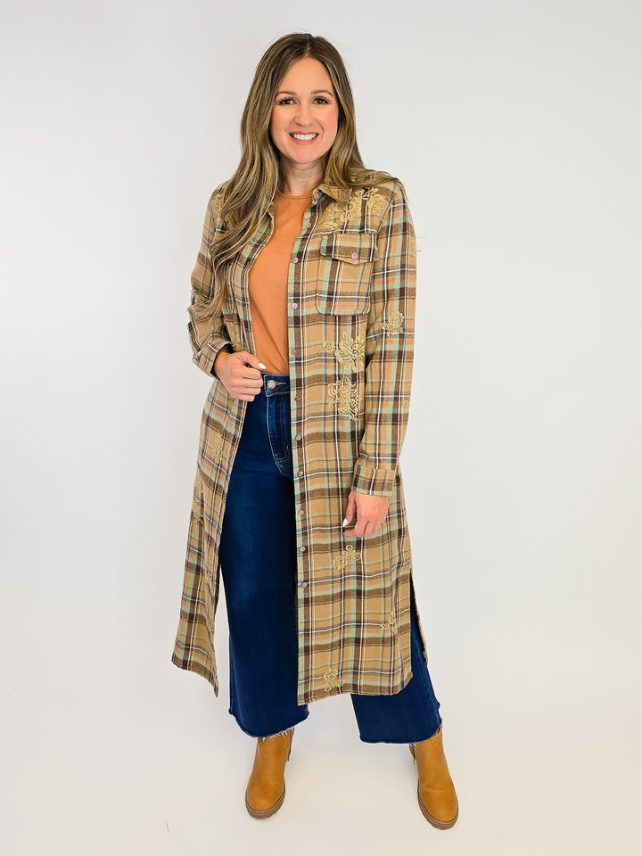 COLLARED PLAID BUTTON UP DUSTER - TAN