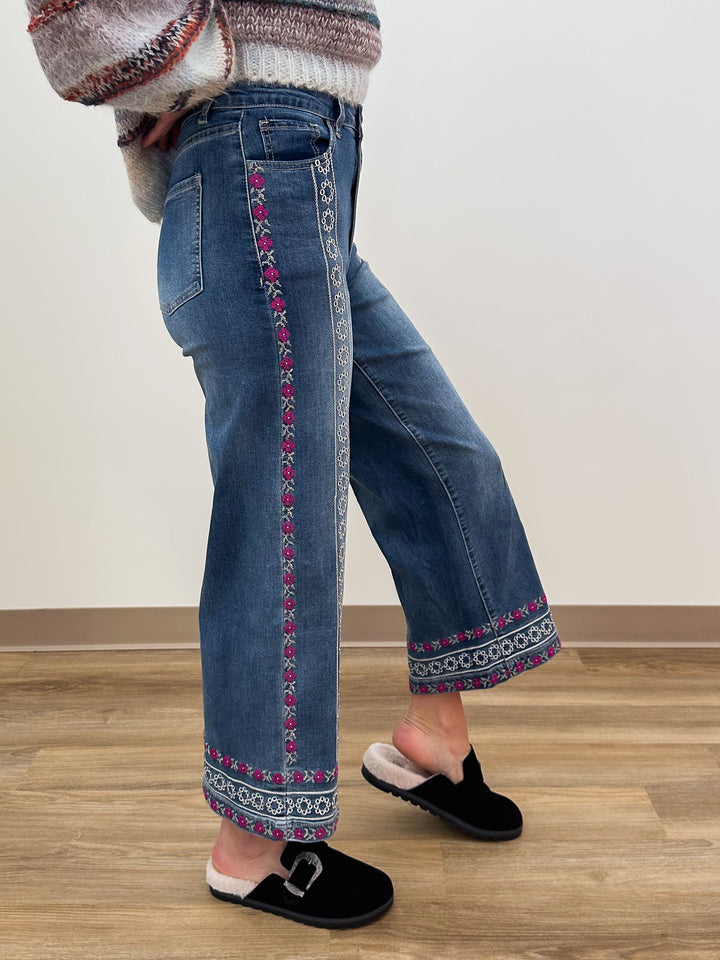 EMBROIDERY ENZYME STRETCH DENIM PANTS - DARK