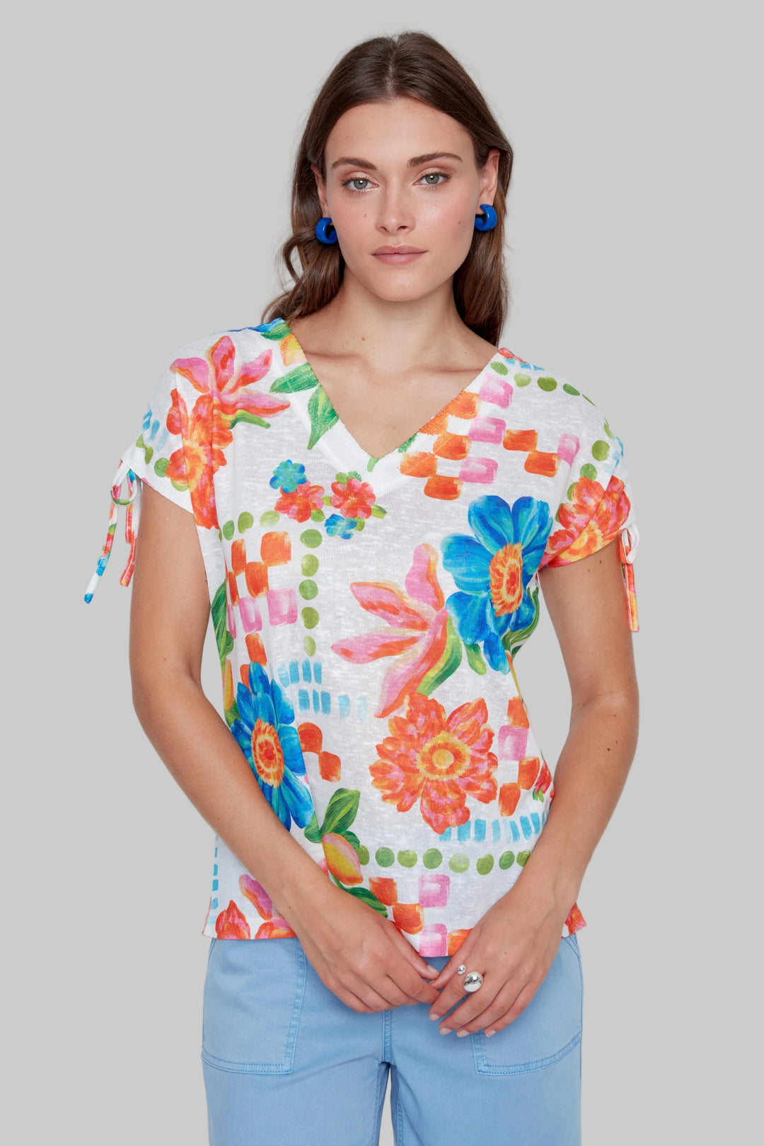 SHORT SLEEVE BIG FLORAL PRINT TOP - BLUE/ORANGE