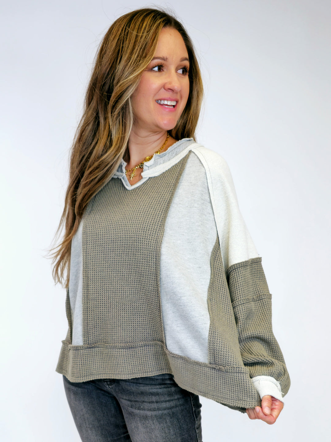 OVERSIZED THERMAL DISTRESSED TOP - GREY MIX