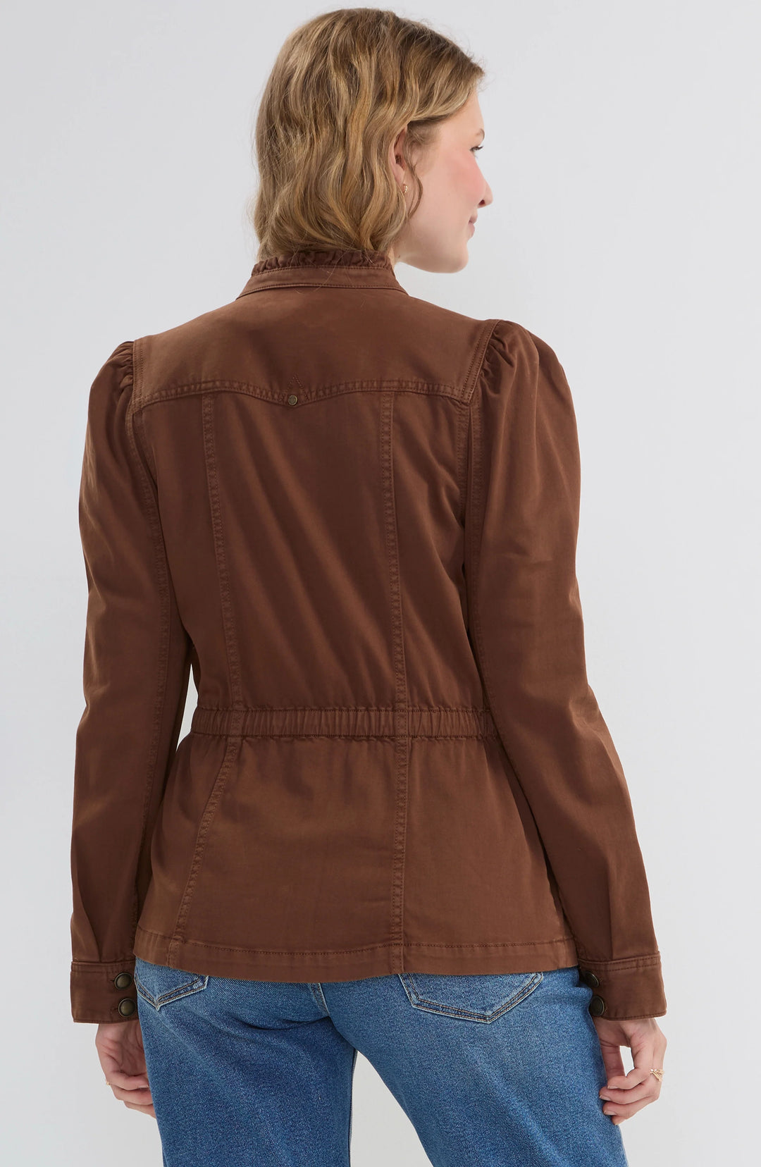 PUFF SLEEVE TRUCKER JACKET W/RUFFLE COLLAR - CAROB BROWN