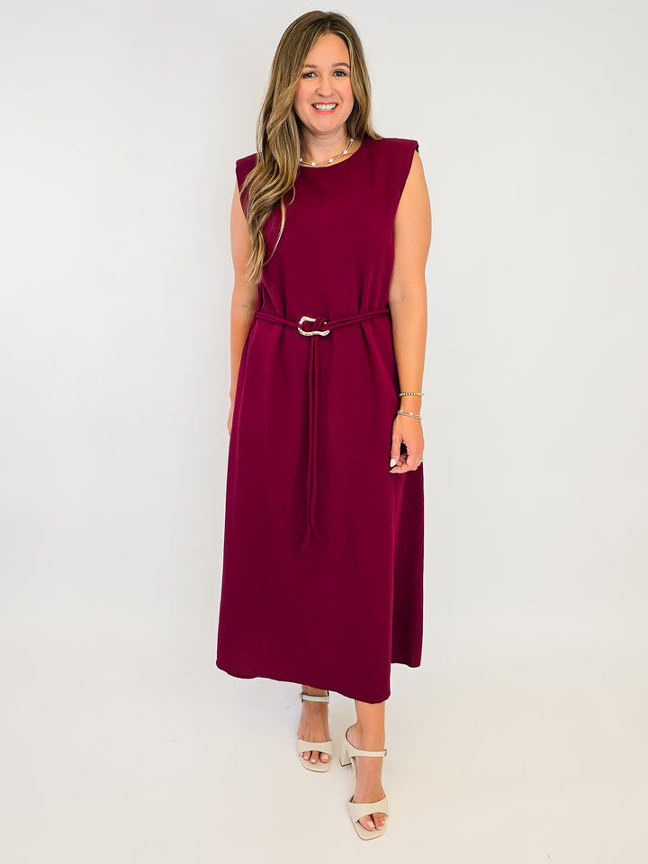 SOLID MIDI SLEEVELESS DRESS - BURGUNDY