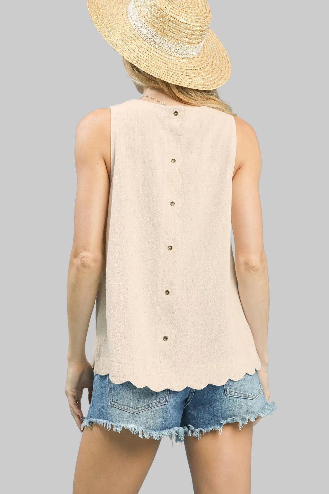 SLEEVELESS BUTTON BACK LINEN T0P W/SCALLOP EDGE - OATMEAL