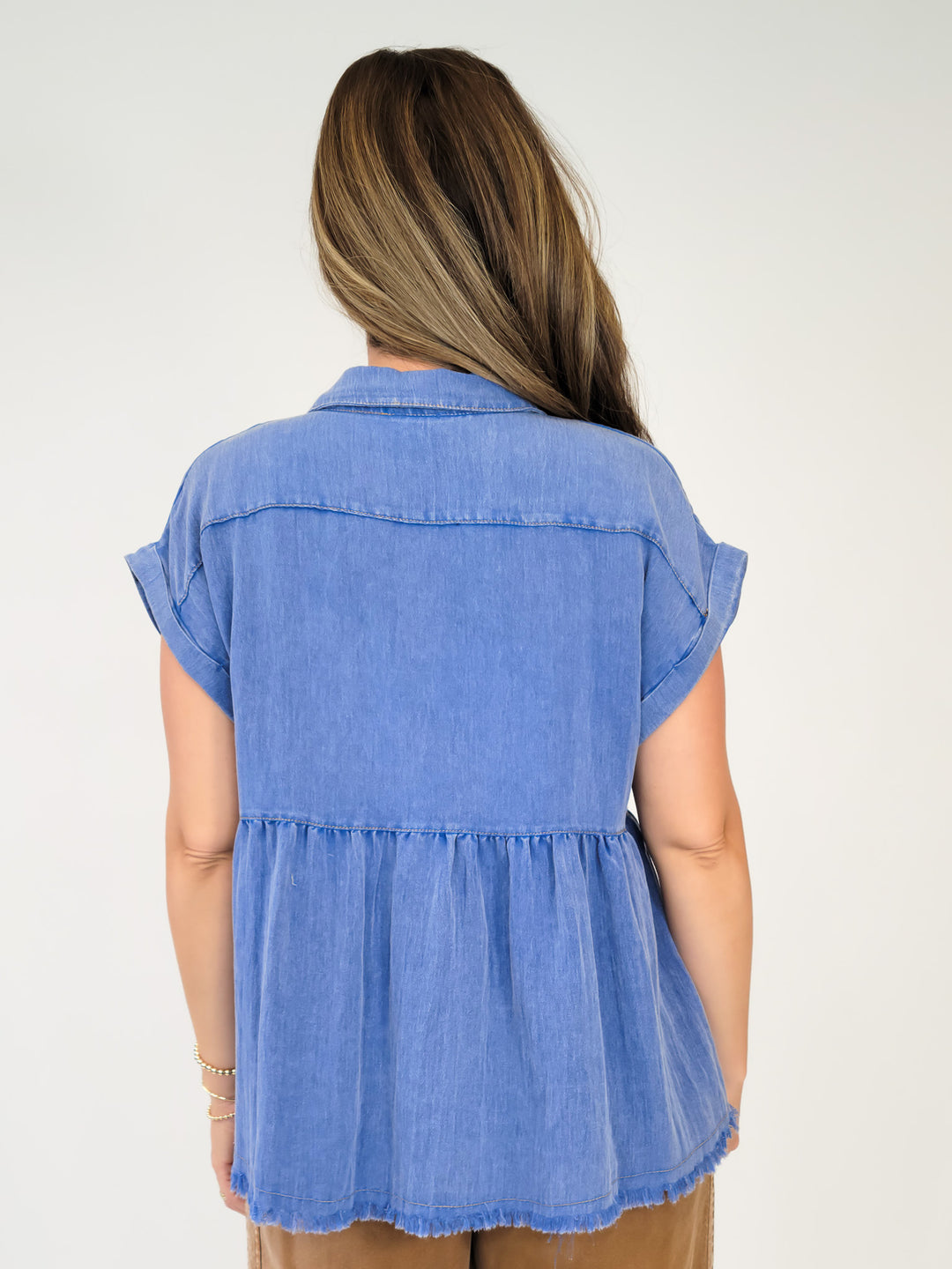 SHORT SLEEVE BABY DOLL BUTTON UP TOP - OCEAN BLUE