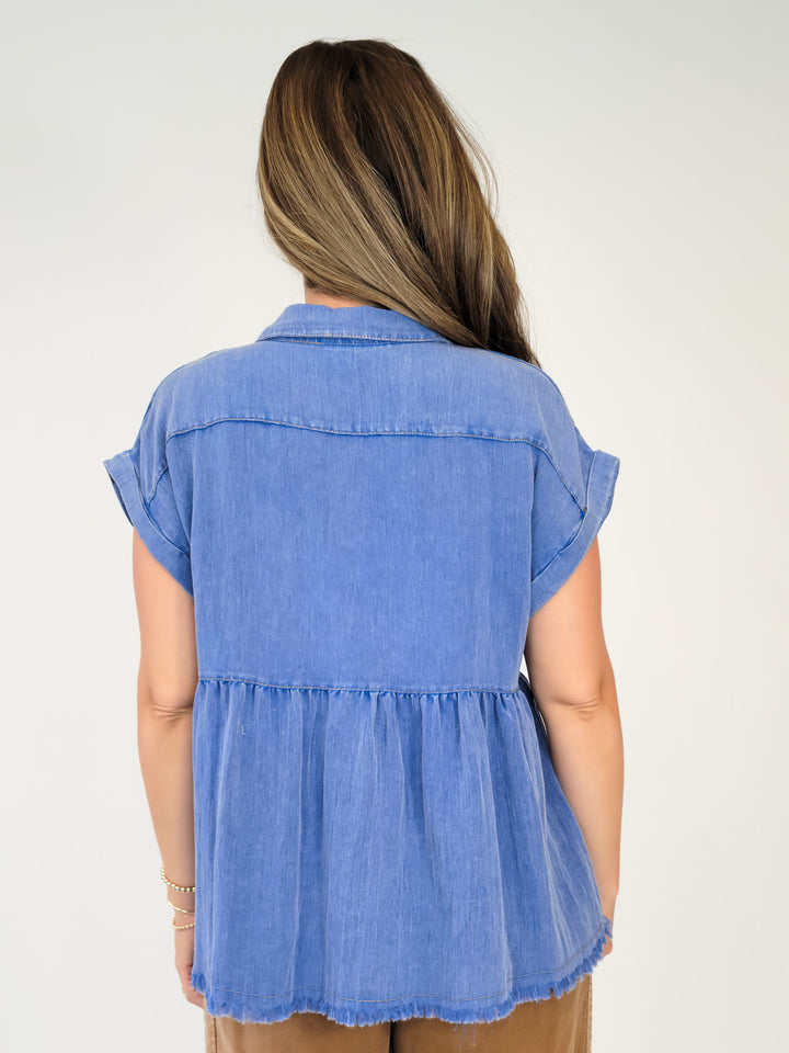 SHORT SLEEVE BABY DOLL BUTTON UP TOP - OCEAN BLUE