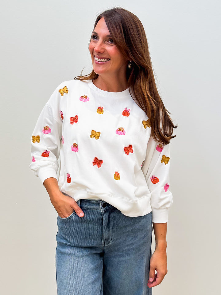 MILLE BOWS &amp; PUMPKINS EMBROIDERED SWEATSHIRT - WHITE
