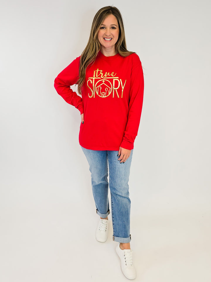 LONG SLEEVE 'TRUE STORY' GOLD METALLIC TEE - RED