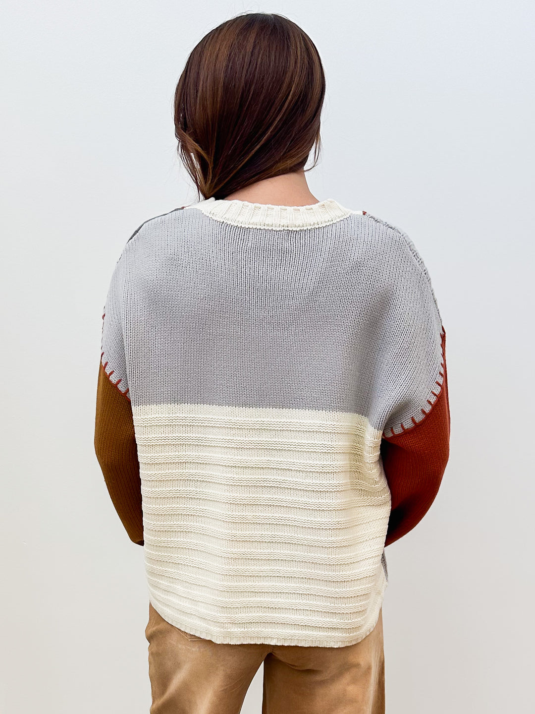 COLOR BLOCKED KNIT BUTTON UP SWEATER - IVORY MIX