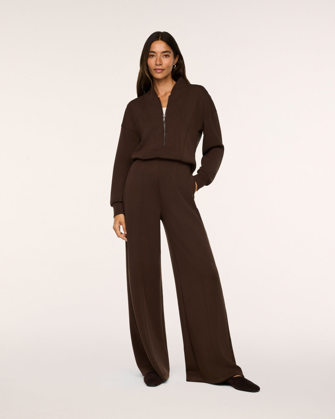 SPANX AIRESSENTIALS LONG SLEEVE SHAWL COLLAR JUMPSUIT - UMBER ROOT