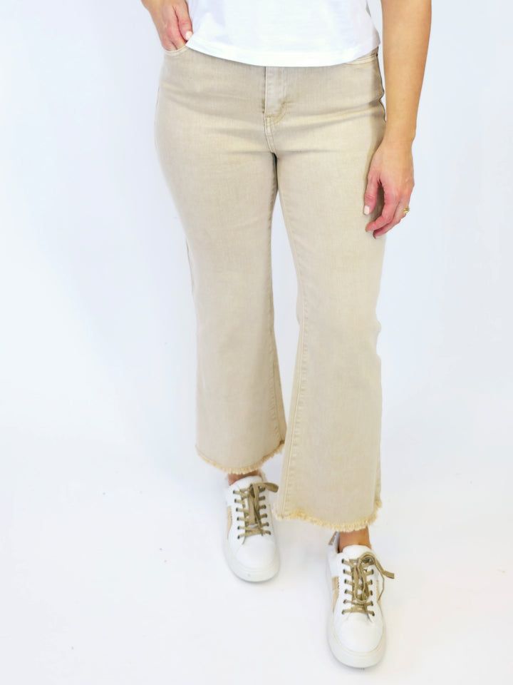 ACID WASHED HIGH WAIST FRAYED HEM BOOTCUT PANTS - SAND BEIGE