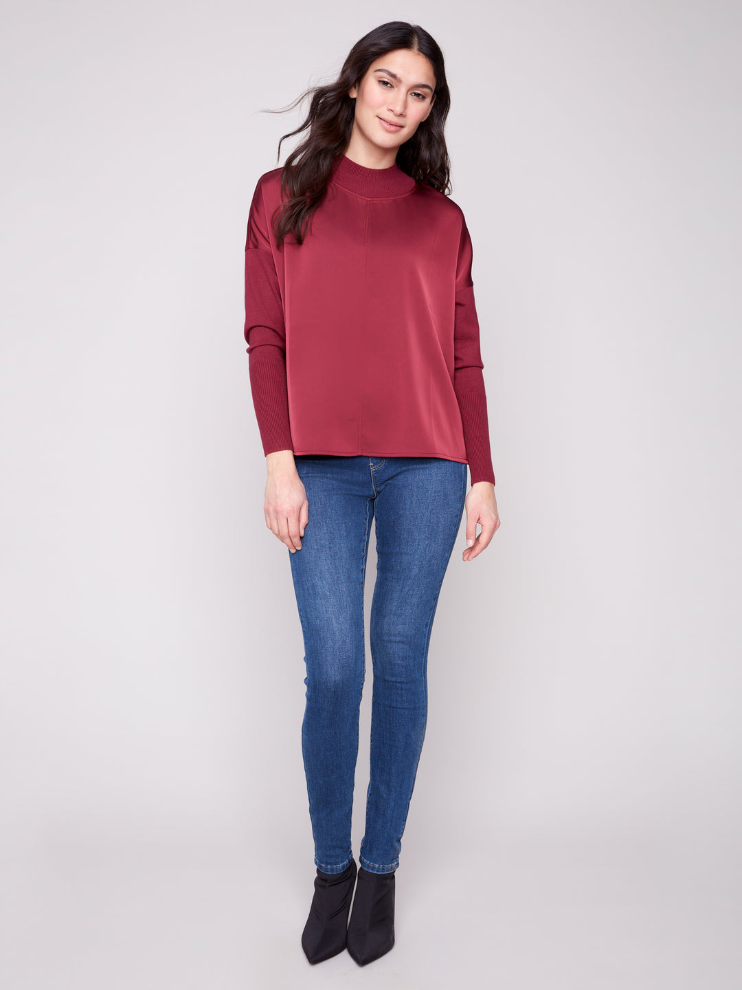MOCK NECK SATIN KNIT TOP - CABERNET