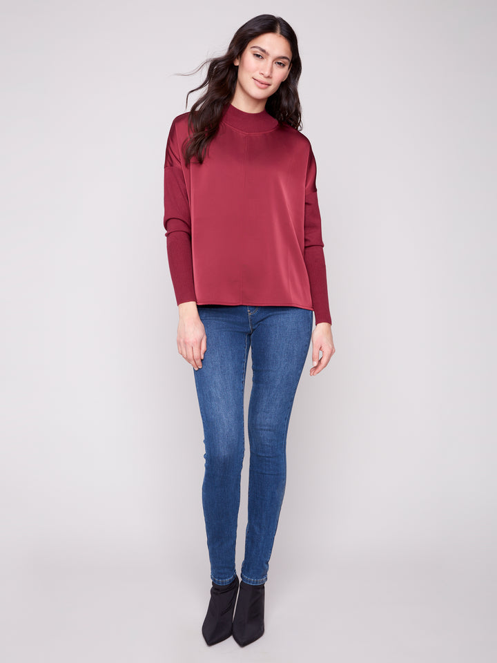 MOCK NECK SATIN KNIT TOP - CABERNET