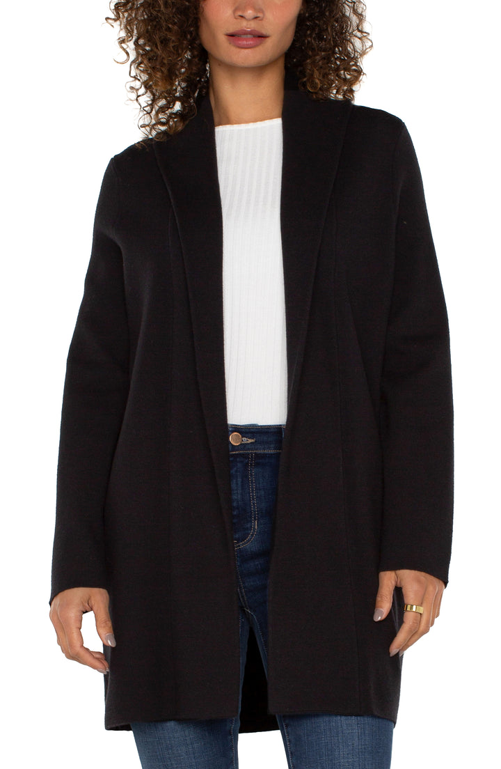 LONG SLEEVE OPEN FRONT SHAWL SWEATER COAT - BLACK