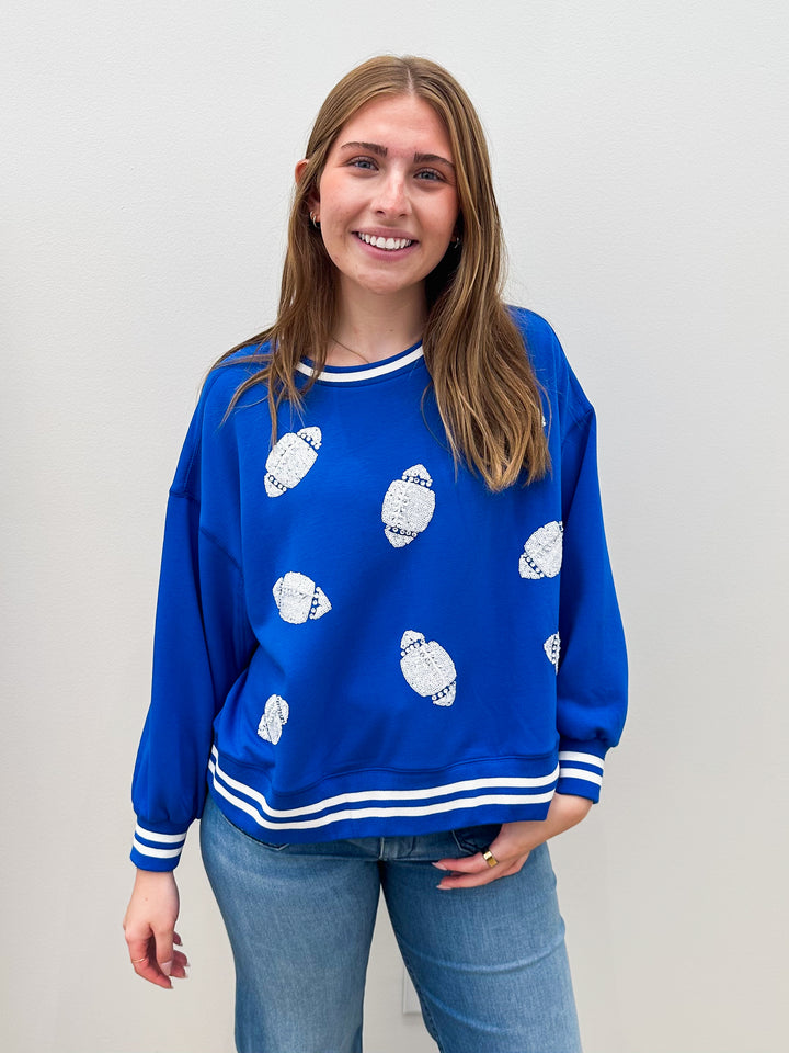 L/S MILLIE FOOTBALL SEQUIN SWEATSHIRT - BLUE/WHITE