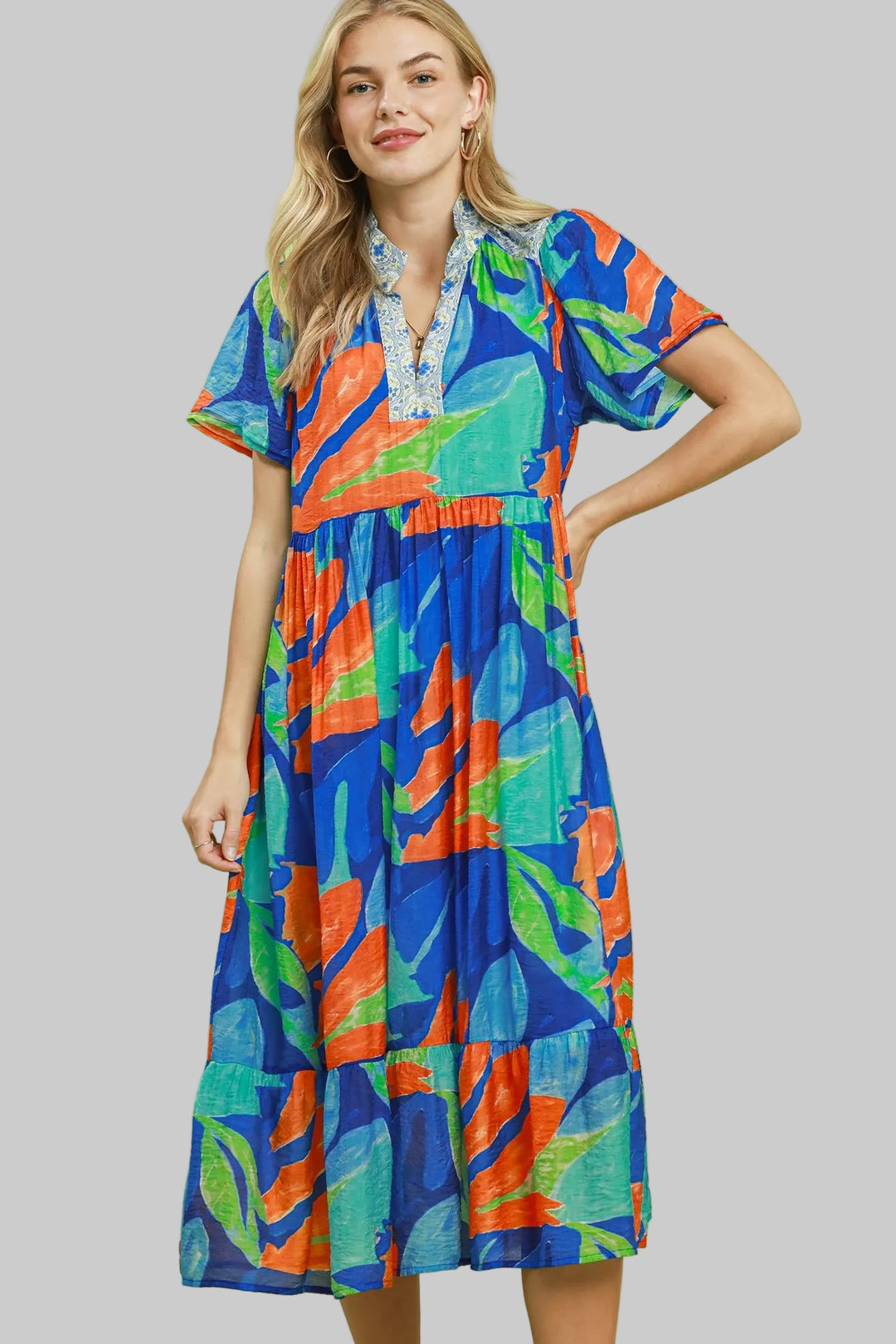FLUTTER SLEEVE MIX MEDIA PRINTED MIDI DRESS - CERULEAN MIX