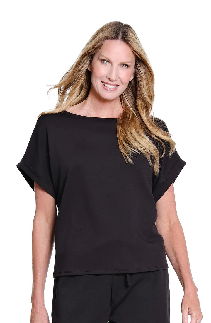 ROLLED CUFF S/S DOLMAN WIDE NECK TOP - BLACK