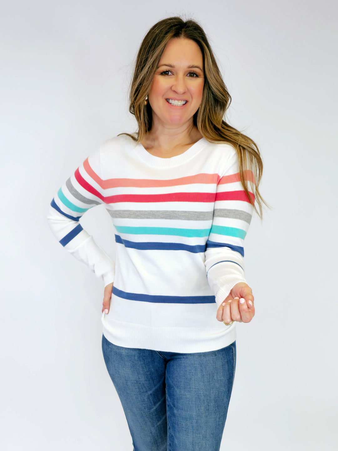 LONG SLEEVE MULTI STRIPED SWEATER - CORAL/JADE